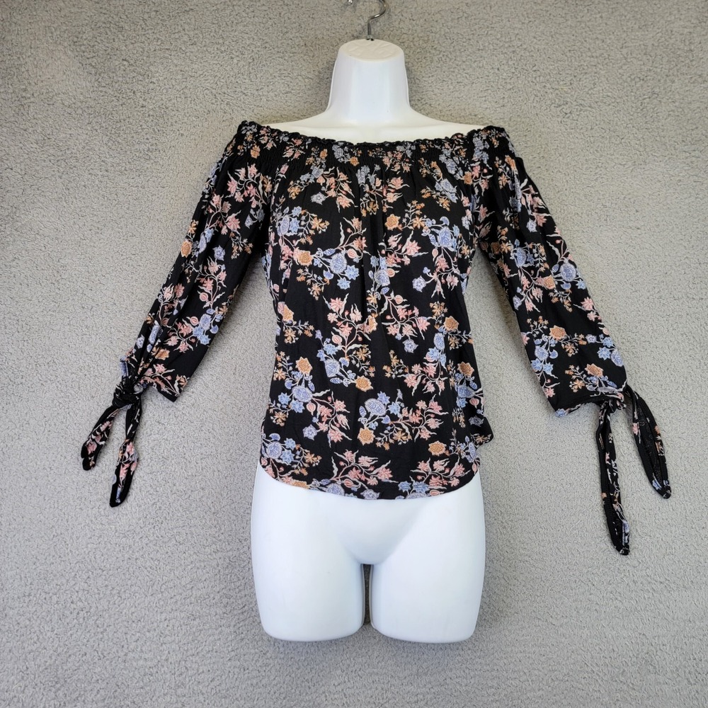 Pink Republic Women's Top Shirt Size Small Black Floral‎ Cropped Relaxed Fit Tie